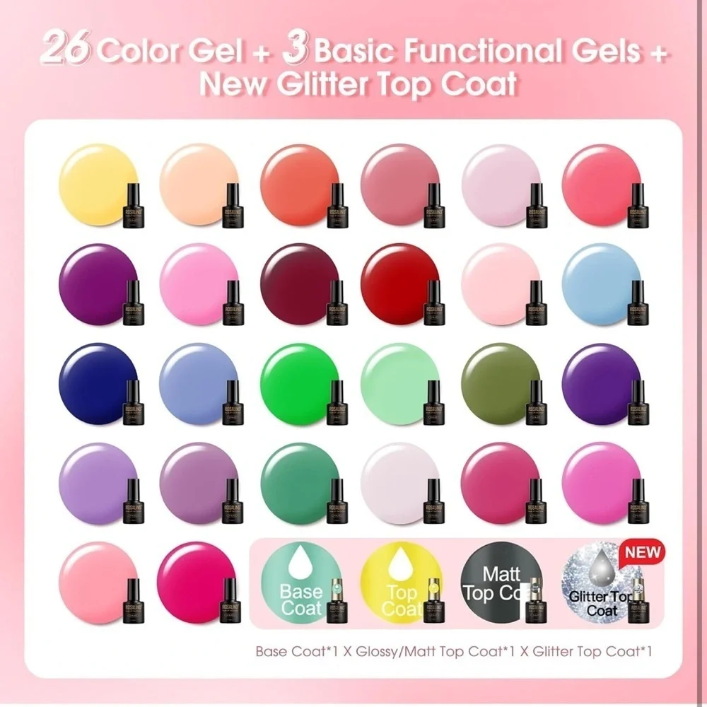 ROSALIND 30PCS Gel Nail Set, Base, Glossy, Matte and Glitter Top Coat Gel Kit‌